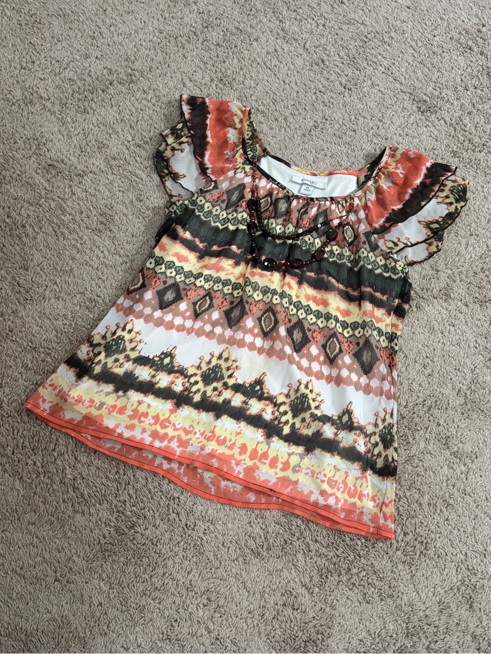 Boho Printed Flutter-Sleeve Top in Orange and Brown